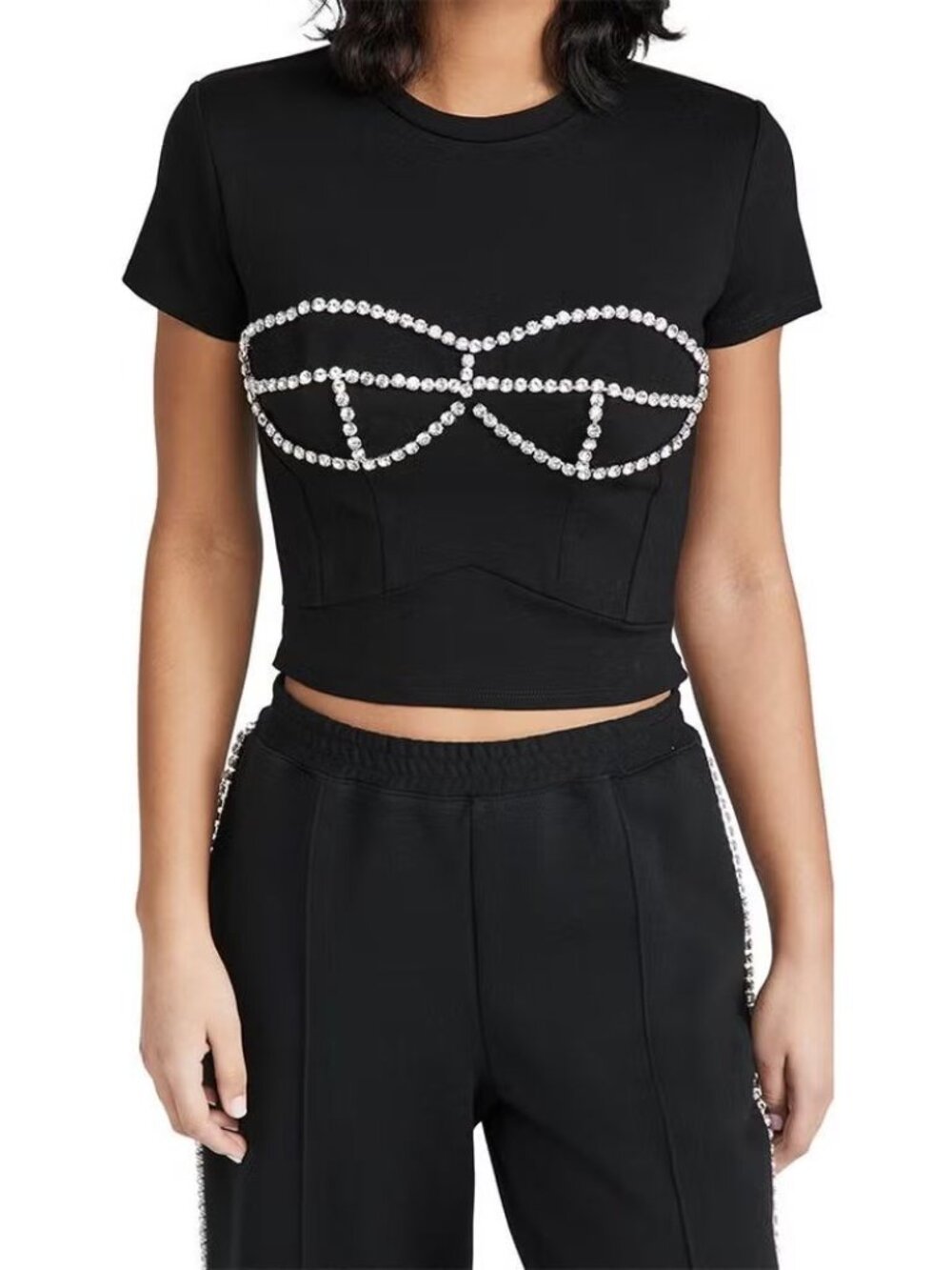 AREA Crystal Bustier T-Shirt in Black Ponte Cropped Rhinestones size Large